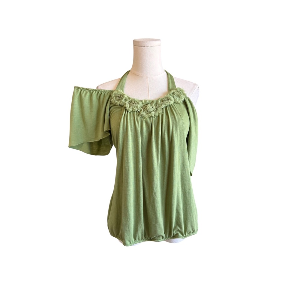 Eyelash Couture Sage Green Rosette Halter Cold Shoulder Bubble Hem Top Small